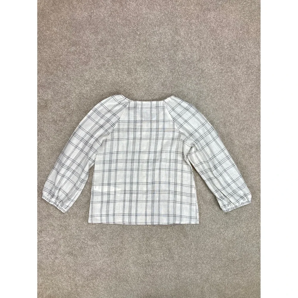 Zara Kids Plaid Blouse Size 9 Cream Black Button Front Elastic Hem Cottagecore